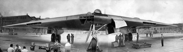 Sep. 29, 1947: Head on view of Northrop Flying Wing powered by eight jet engines. Photo taken on aircraft's introduction to the public and media.