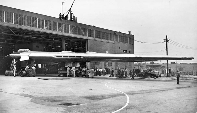 Sep. 29, 1947: Visitors take a closeup look at the Northrup YB-49 Flying Wing during ist unveiling.