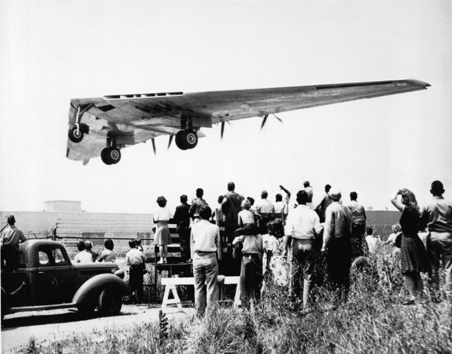 Northrop's Flying Wing Bomber, XB-35, takes off on its maiden flight, Hawthorne, California, June 26, 1946. (Photo by Underwood Archives/Getty Images)