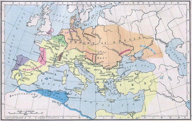 The Roman and Hun Empires in 450 AD. Note the territories taken over by Germanic tribes like the Visigoths and Burgundians, as well as the Vandals in North Africa.