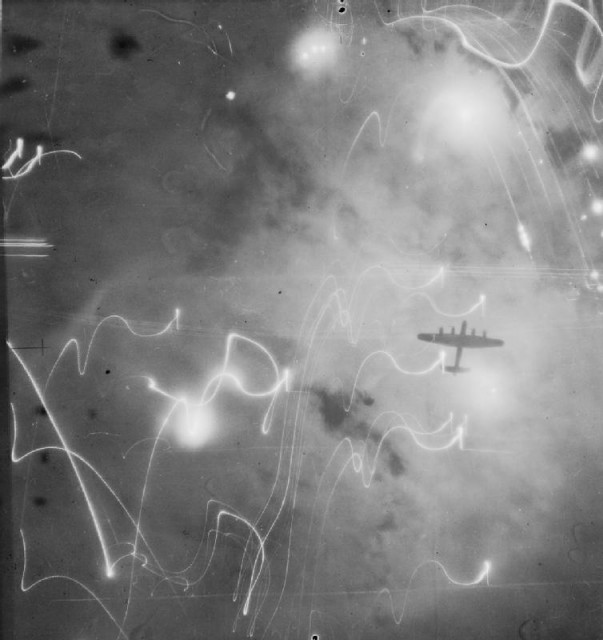 An Avro Lancaster of No. 1 Group over Hamburg on the night of 30/31 January 1943