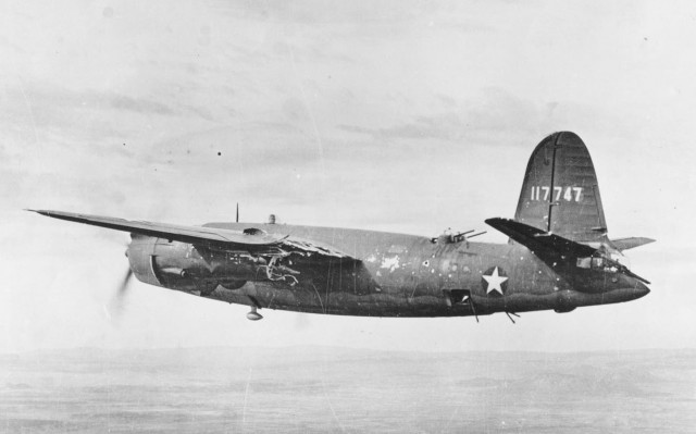 Martin B-26B-1-MA Marauder 41-17747 "Earthquake McGoon" of the 37th BS 17th BG with extensive flak damage over Europe, September 1943.