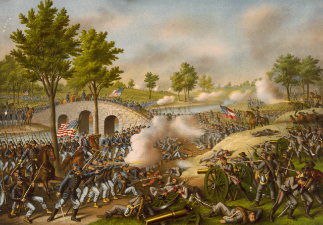 A lithograph by Kurz & Allison of the Battle of Antietam depicting the fighting at Burside's Bridge 