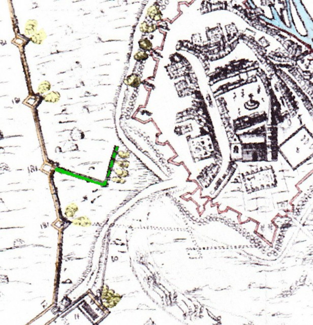 A detail from the from Clampe's map of the siege of Newark (6 March 1645 – 8 May 1646) showing in green a sap that allows Roundhead siege artillery to be placed closer to the fortifications of Newark than the circumvallation.
