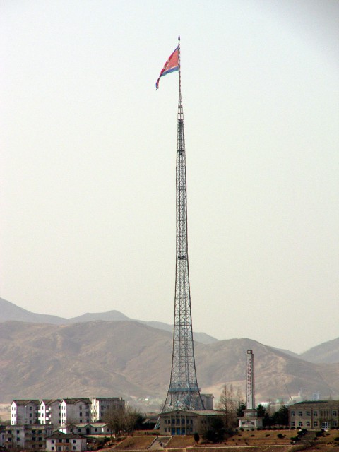 The Panmunjom flagpole, the world's fourth-tallest, 525 ft in height, flying a 595 lb flag of North Korea over Kijŏng-dong, near Panmunjom