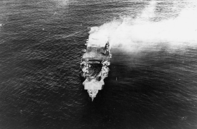 Hiryū, shortly before sinking. This photo was taken by Special Service Ensign Kiyoshi Ōniwa from a Yokosuka B4Y off the carrier Hōshō.