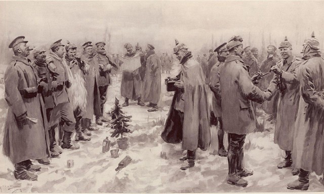 This image was shown on the 9 January 1915 issue of The Illustrated London News, entitled "British and German Soldiers Arm-in-Arm Exchanging Headgear: A Christmas Truce between Opposing Trenches"