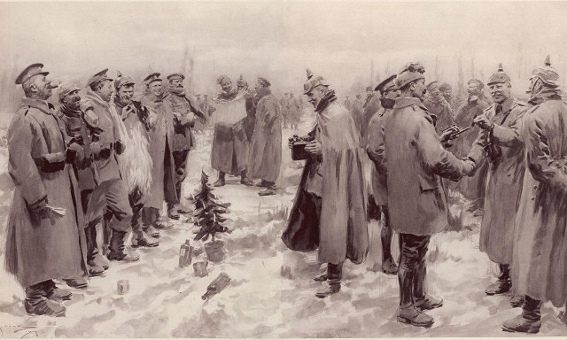 https://en.wikipedia.org/wiki/File:Illustrated_London_News_- _Christmas_Truce_1914.jpg This image was shown on the 9 January 1915 issue of The Illustrated London News, entitled "British and German Soldiers Arm-in-Arm Exchanging Headgear: A Christmas Truce between Opposing Trenches"