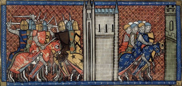 King John of England in battle with the Francs (left), Prince Louis VIII of France on the march (right). (British Library, Royal 16 G VI f. 385)