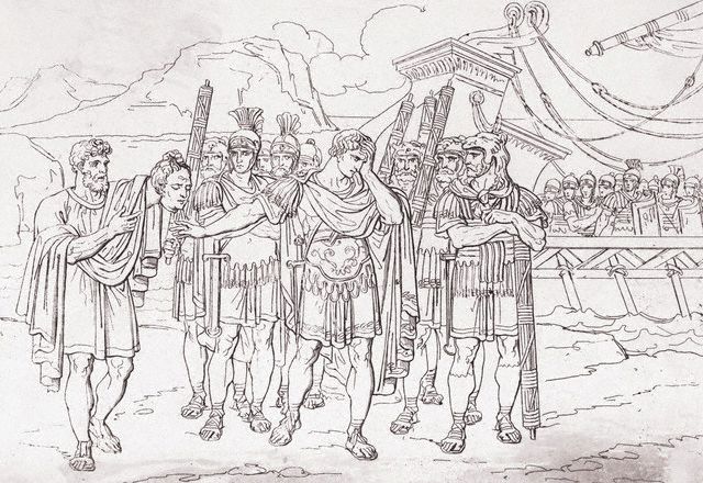 Caesar weeps when he is presented with Pompey's head.