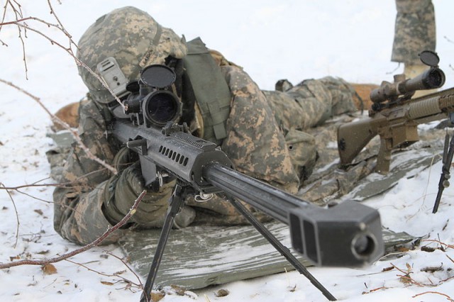 An American sniper in winter camouflage
