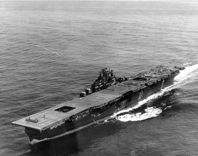 The Franklin approaching New York, 26 April 1945.