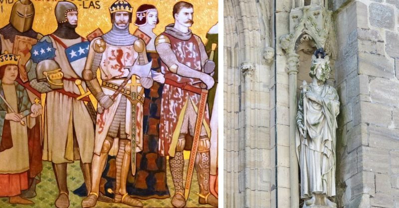 Left: A Victorian depiction of Sir James (third from left), and other leaders of the Wars of Independence by William Brassey Hole, part of a mural in the National Portrait Gallery in Edinburgh, Scotland. William Hole -CC BY-SA 3.0. Right: Possible statue of Tancred of Hauteville on the north side of Coutances Cathedral. This is an 1875 replacement for a statue damaged in the French Revolution. Giogo - CC BY-SA 3.0