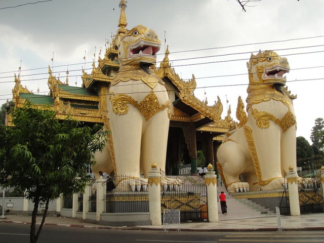 Chinthays guarding a temple in Rangoon, Myanmar