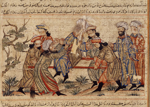 14th-century painting of the assassination of Nizam al-Mulk by an assassin.