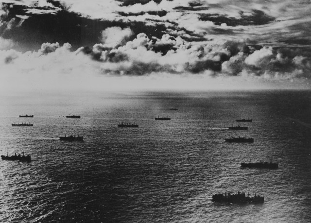 A convoy crossing the Atlantic Ocean in 1942