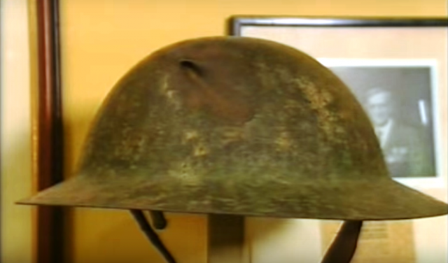 Jone's helmet (complete with bullet-hole) kept at the Cheshire Military Museum