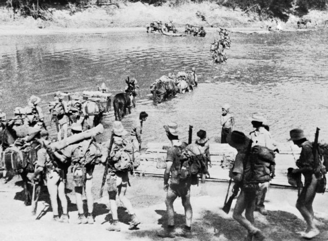 Chindits crossing a river in Burma in 1943. Due to the high heat and humidity, as well as frequent bouts of dysentery, many went naked or took off their pants. 