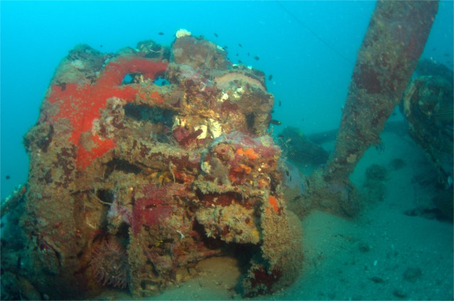 One of the two engines from Catalina A24-25, the wreck of which was discovered off Cairns in Far North Queensland in 2013. Image supplied courtesy of Kevin Coombs, Cairns. *** Local Caption *** RAAF Catalina A2425 was lost on 28 February 1943. After 72 years, the wreck has been discovered off Cairns in far north Queensland. The aircraft will remain where it is as a mark of respect to the 11 airmen onboard who were lost. A memorial service will be held early next year, to honour the crew.
