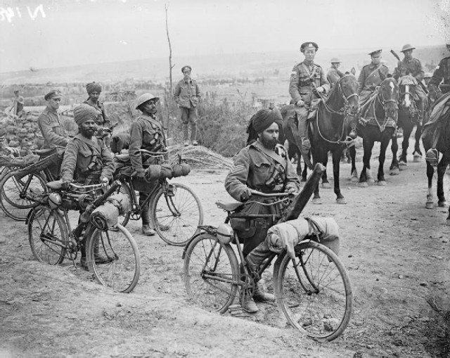 Indian bicycle troops at a crossroads on the Fricourt-Mametz Road, Somme, France.