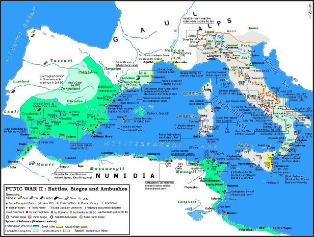 Very busy map of the second Punic war but shows how well Hannibal was contained in Southern Italy after 216 BCE. this kept him from recruiting more northern Italian Gauls and linking up with other Carthaginian overland reinforcements.