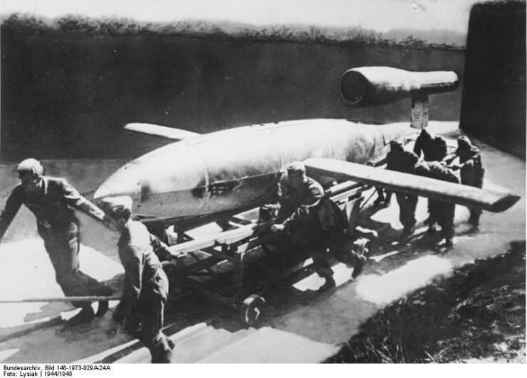 A German crew rolls out a V-1. By Bundesarchiv – CC BY-SA 3.0 de