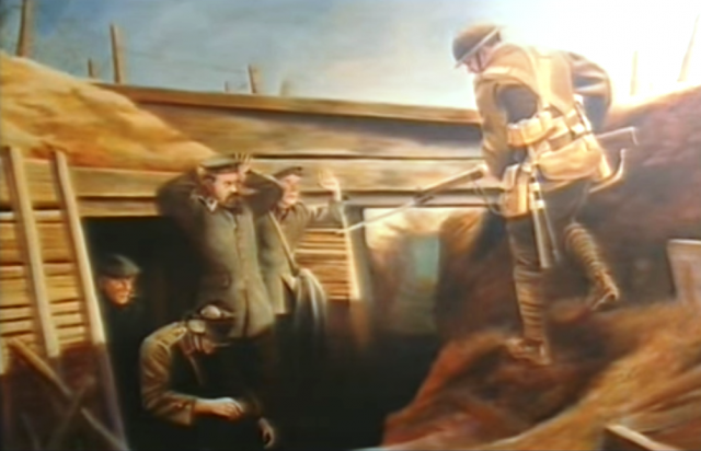 A painting of Jones capturing the German trench at the Cheshire Military Museum