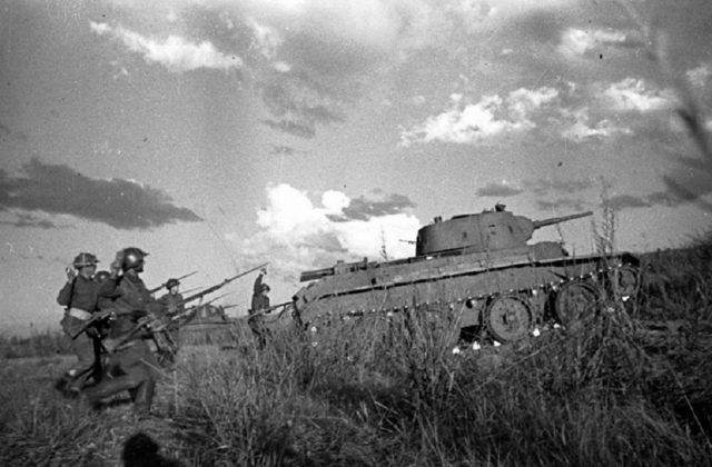 Khalkhin Gol, 1939. Soviet BT-7 tanks on the offensive.