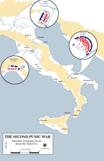 A good view of Hannibal’s first three years in Italy in which he won successively greater victories each year. Frank Martini. Cartographer, Department of History, United States Military Academy CC BY -SA 3.0