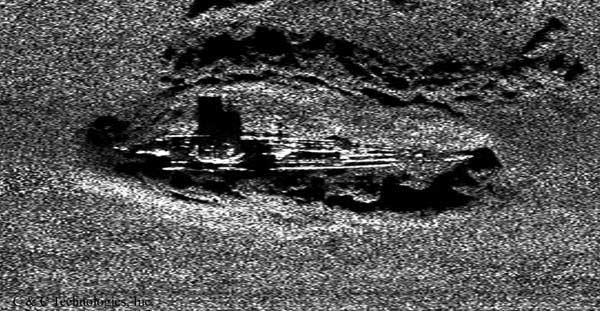 A side-scan sonar image (410 kHz) of the German U-boat U-166 collected by the HUGIN 3000 in 2001.