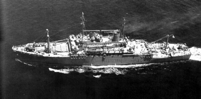 USS Doyen (APA-1), newly completed underway off the California coast, 7 June 1943. Designed by the Maritime Commission without direct naval supervision, she was not sufficiently stable, and had to be modified before entering service. Text and US Navy photo from "U.S. Amphibious Ships and Craft: An Illustrated Design History" by Norman Friedman.
