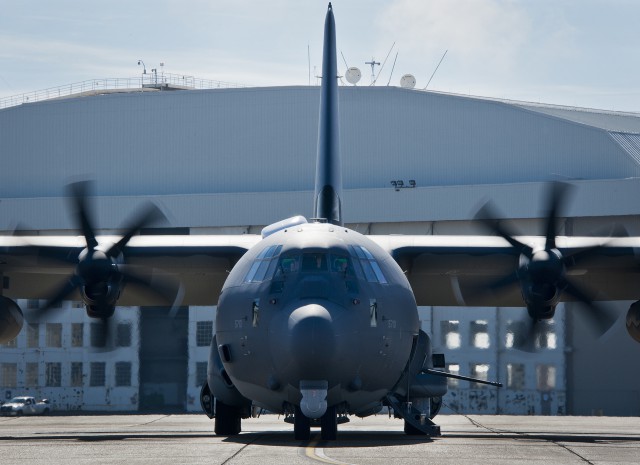 The newly created AC-130J Ghostrider awaits takeoff for its first official sortie Jan. 31 at Eglin Air Force Base, Fla. The Air Force Special Operations Command MC-130J arrived at Eglin in January 2013 to begin the modification process for the AC-130J, whose primary mission is close air support, air interdiction and armed reconnaissance. A total of 32 MC-130J prototypes will be modified as part of a $2.4-billion AC-130J program to grow the future fleet. (U.S. Air Force photo/Sara Vidoni)