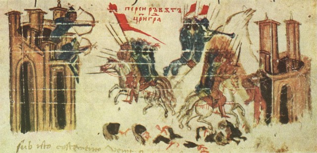 image depecting the Byzantine EMperor attacking a Persian fortress while the Persians were attacking Constantinople