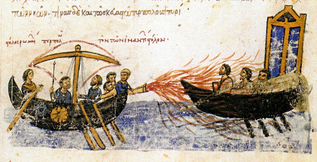 depiction of Greek Fire during the Arab siege. It was devastatingly effective as it only took a little to start the irreversible destruction of the ships. 