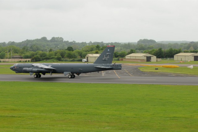 A B-52 Stratofortress from the 2nd Bomb Wing at Barksdale Air Force Base, La., lands at RAF Fairford, United Kingdom, June 4, at the start of a nearly two week deployment. Three B-52s will operate from RAF Fairford during the deployment to train and integrate with U.S. and allied military forces in the region. (U.S. Air Force photo by Tech. Sgt. Chrissy Best)