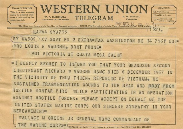 Example of a Telegram sent during the Vietnam War