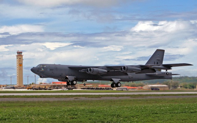 A B-52H Stratofortress of the 2d Bomb Wing takes off from Andersen Air Force Base, Guam