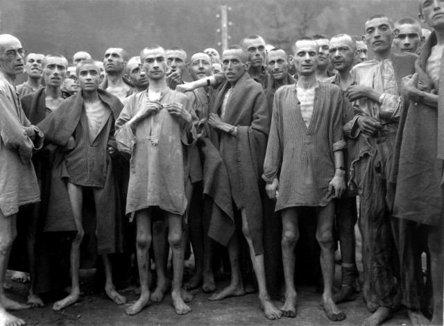 Starving prisoners in Mauthausen camp liberated on 5 May 1945.