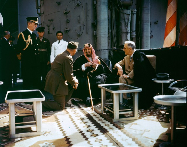 FDR and Admiral Leahy meeting with Saudi King Ibn Saud aboard the USS Quincy via commons.wikimedia.org