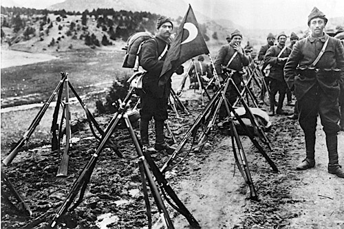 Turkish line bounded by Red Crescent flags