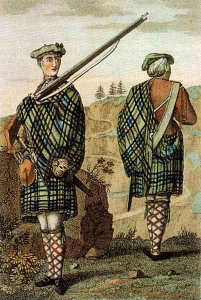 A private and corporal of a Highland regiment, circa 1744. The Highland units of the Jacobite army would have worn something very similar to the private illustrated, particularly the belted plaid. (Wikipdia)