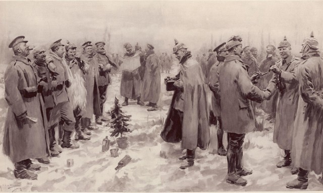 Originally published in The Illustrated London News, January 9, 1915. British and German Soldiers Arm-in-Arm Exchanging Headgear.