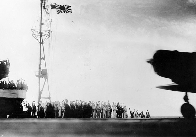 Crew members aboard Shokaku launching the attack.