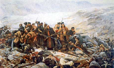 Last stand of several British. when the Afghans pleaded to them that they would spare their lives if the surrendered an officer supposedly replied "not bloody likely"