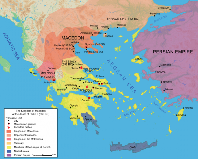 Map of Macedon showing the strides taken by Philip in preparation for a Persian invasion. Persia looms large just across the Aegean 