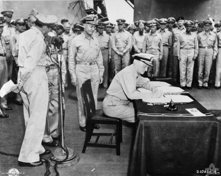 Signing the Japanese Instrument of Surrender aboard the USS Missouri