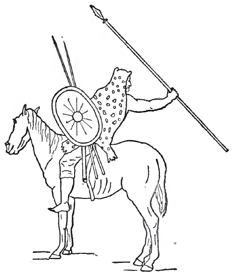 drawing of a Numidian cavalryman, in this instance sporting a shield and animal skin, about the maximum defense for a Numidian.
