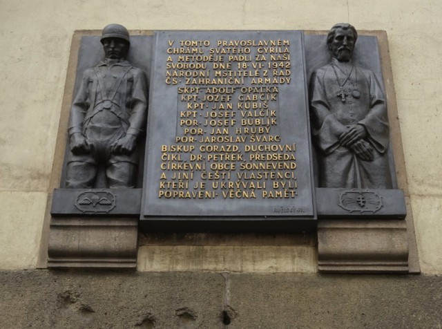 Prague World War II Memorial on wall of Saint Cyril Methodius