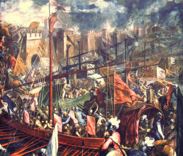 painting of the Crusader siege showing the naval assaults and the general chaos