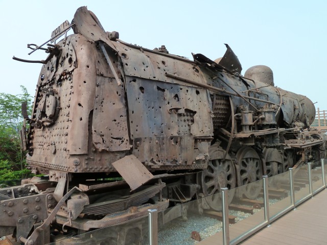 Jangdan Station of the Gyeongui Line This steam locomotive is a symbol of the tragic history of the division into North and South Korea, having been left in the DMZ since it got derailed by bombs during the Korean War. It became a Registered Cultural Heritage in 2004. More than 1020 bullet holes of the locomotive and its bent wheels show the cruel situation at the time.